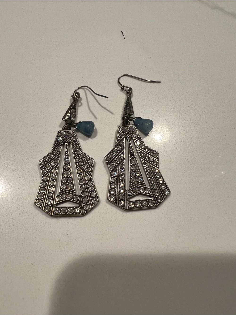Silver Art Deco Drop Earrings with Blue Accent